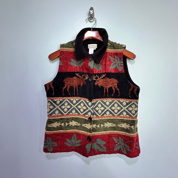 Coldwater Creek Tapestry Vest Womens M Moose Leaf Cottagecore Boho VTG - Picture 1 of 11